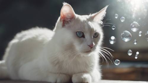 Eine weiße Katze beobachtet fasziniert eine in der Luft schwebende Seifenblase.