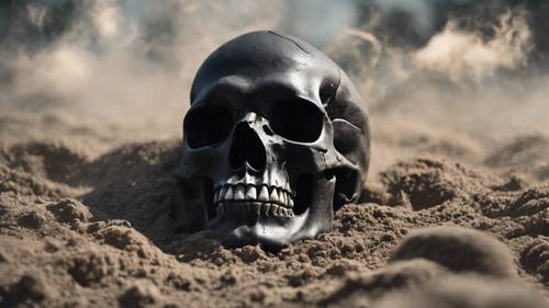 一堆灰尘上的黑色骷髅，象征着时间和短暂。