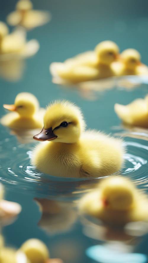 A small, chubby, kawaii yellow duckling swimming in a pastel blue pond.