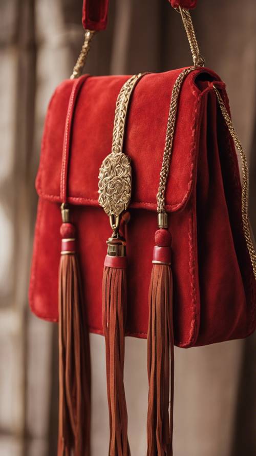 Tas tangan suede merah cerah milik seorang wanita dengan jumbai tergantung pada pengait kuningan antik.