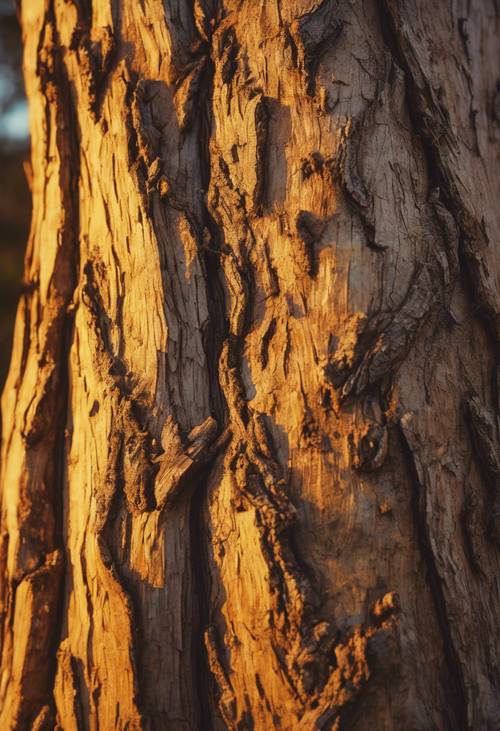 Szczegółowy, teksturowany obraz przedstawiający brązową korę drzewa na tle świecącego żółtego zachodu słońca.