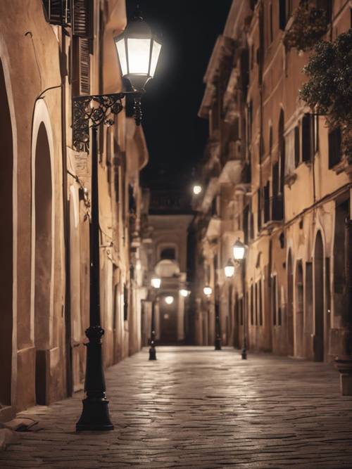 A romantic moonlit skyline view of an Italian plaza basked in the soft glow of street lamps.