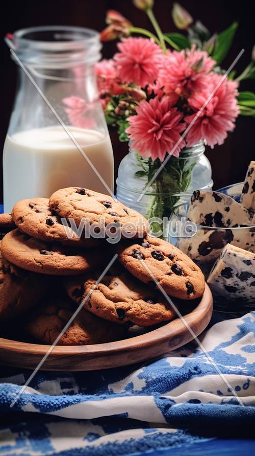 초콜릿 칩 쿠키와 우유 아늑한 주방 장면