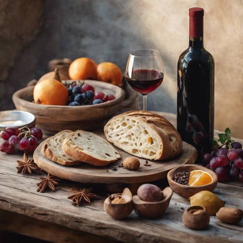 Una delicada pintura de naturaleza muerta de la cocina romana con vino, frutas, especias y pan sobre una mesa rústica de madera.
