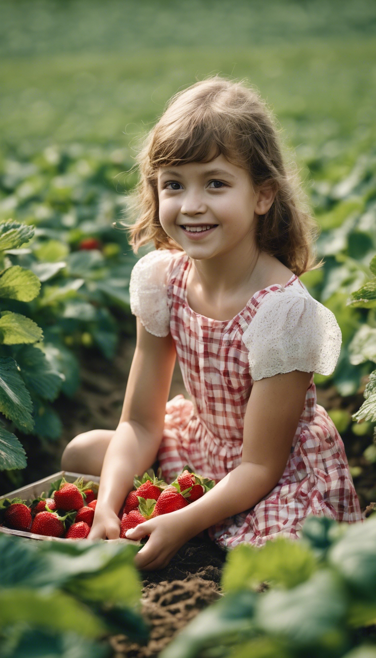 A youthful, happy girl in a summer dress picking strawberries in a lush farm Tapet[a22140903660470cada1]