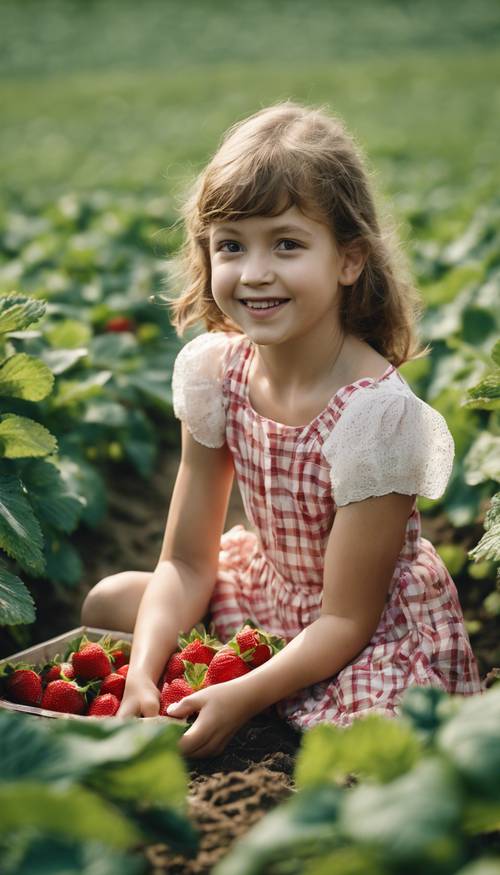 Młoda, szczęśliwa dziewczyna w letniej sukience zbierająca truskawki na bujnej farmie
