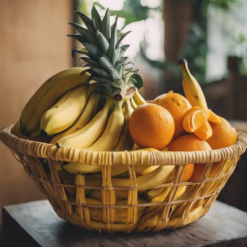 סלסלת פירות מלאה בבננות צהובות בשלות ותפוזים טריים.