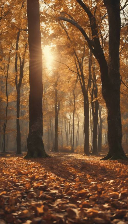 A beautiful autumn scene in a forest with earth-toned leaves scattered on the ground and afternoon sun peeking through the trees. Tapet [b1887613751f4edd8ad9]