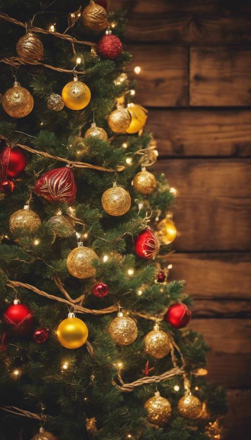 An old-fashioned Christmas tree, adorned with handmade ornaments and warm, yellow string lights against a rough wooden wall.