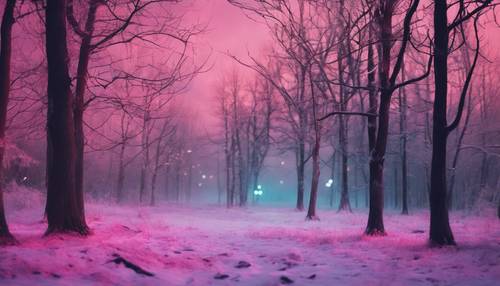 Zimowa scena charakteryzująca się nagimi drzewami i ziemią pokrytą neonowym dymem.