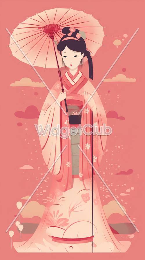 גברת יפהפייה בסגנון אמנות יפני עם מטריה
