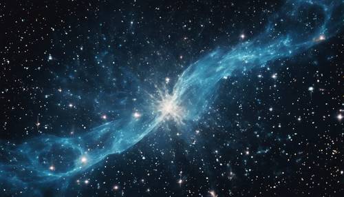 黑色星空背景下的蓝色星云，狂热地发射粒子并在太空中形成新的恒星。