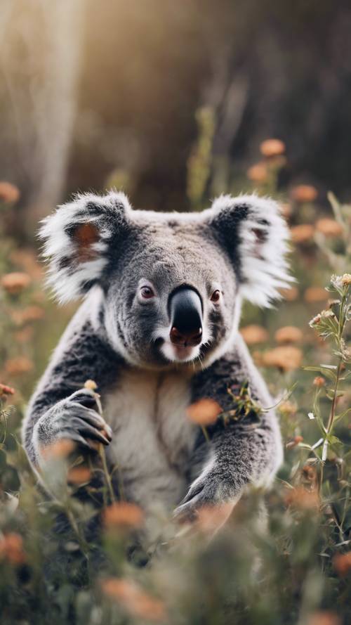 Un audaz oso koala en el suelo explorando un parche de flores silvestres.
