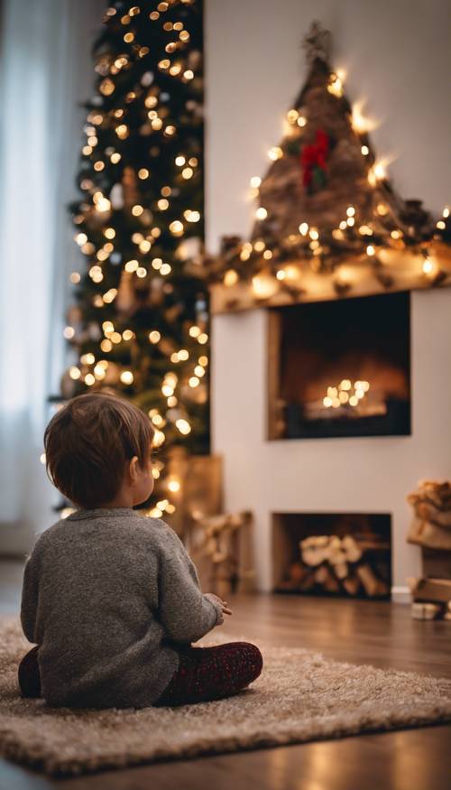 A quiet Christmas moment with a child sitting in front of the fireplace, reading a festive story book.