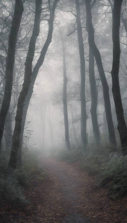 A mysterious forest trail, shrouded in a gray-white morning fog.