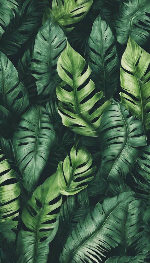 Wallpaper estetika yang menggambarkan daun tropis modern sebagai pola.