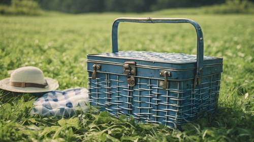 A vintage blue checkered tin picnic basket on a lush green field.