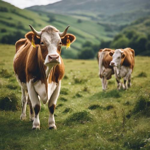 ジャージー牛がのんびりと草を食べる山間の牧場 壁紙 [d983b6f416174e1eb08d]