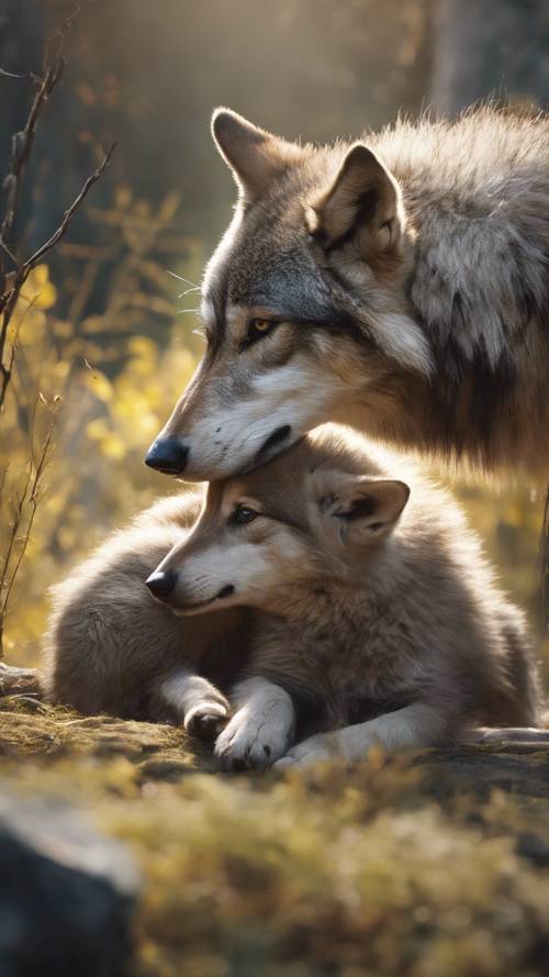 Một bản phác họa nghiên cứu thiên nhiên chi tiết về một con sói nhẹ nhàng chăm sóc đàn con, mô tả khoảnh khắc dịu dàng trong thế giới hoang dã.