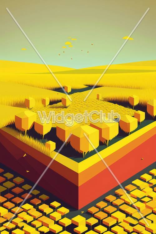 Sunny Golden Fields and Cubes Tapet [784ea6ae56d747eb8728]