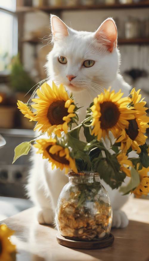 Un chat blanc espiègle avec des yeux ambrés scintillants, renversant un vase rempli de tournesols dans une cuisine de campagne bien éclairée.