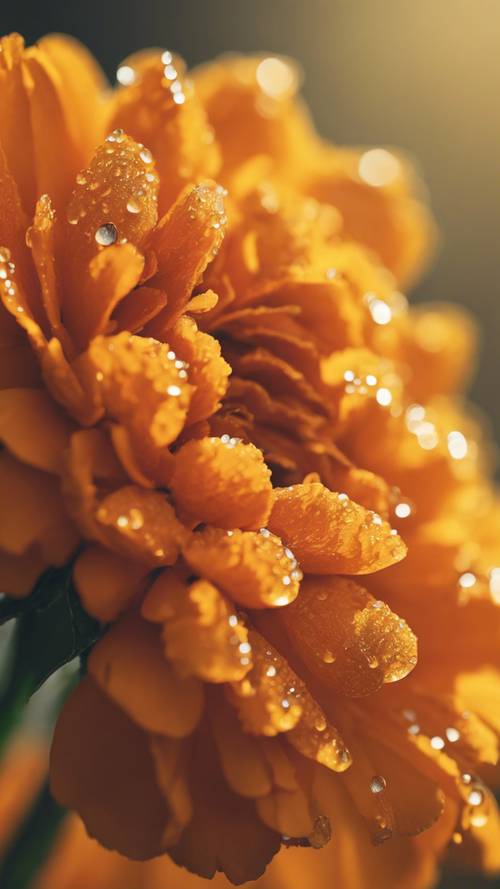 Um close-up de um calêndula laranja com gotas de orvalho da manhã brilhando sobre ele, contra um fundo amarelado calmo.