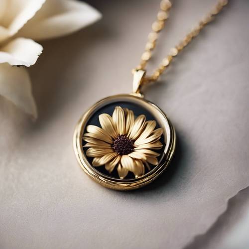 A delicate gold necklace with a dark blooming flower pendant.