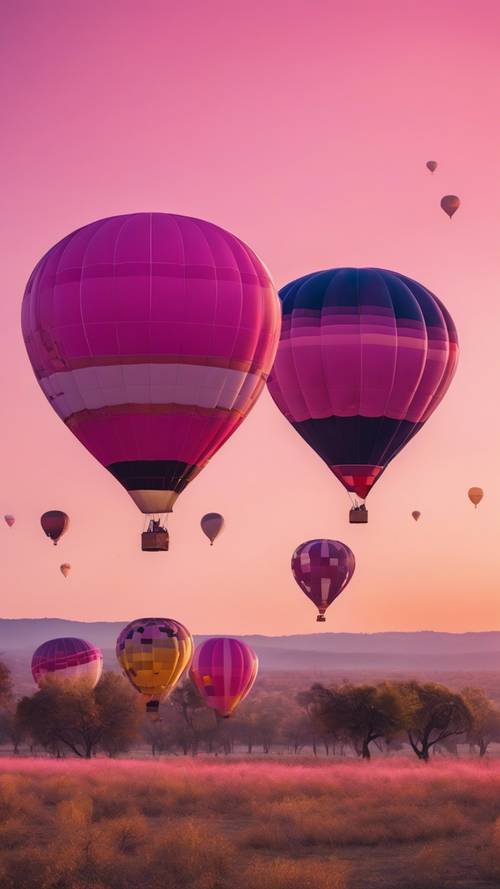 Hot air balloons inflated, each one a separate hue in a pink ombre gradient against a dawn sky.