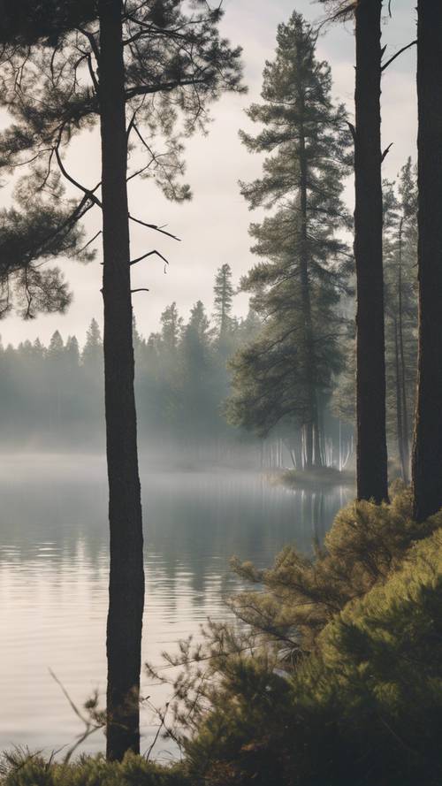 Uma névoa matinal cobrindo um lago tranquilo emoldurado por altos pinheiros.