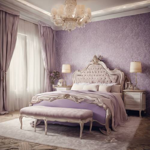 חדר שינה וינטג&#39;י שיק מעוצב עם טפט מודרני בדוגמת דמשק לבנדר רך בשילוב עם ריהוט בצבע שמנת.