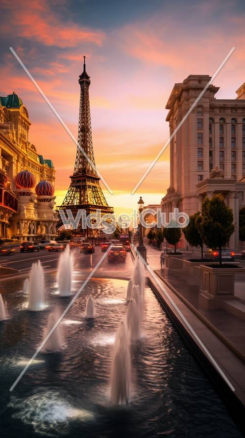 Coucher de soleil à Paris Las Vegas avec vue sur la Tour Eiffel