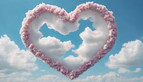 湛蓝的天空中有一朵巨大的心形白云，上面画着可爱的笑脸。