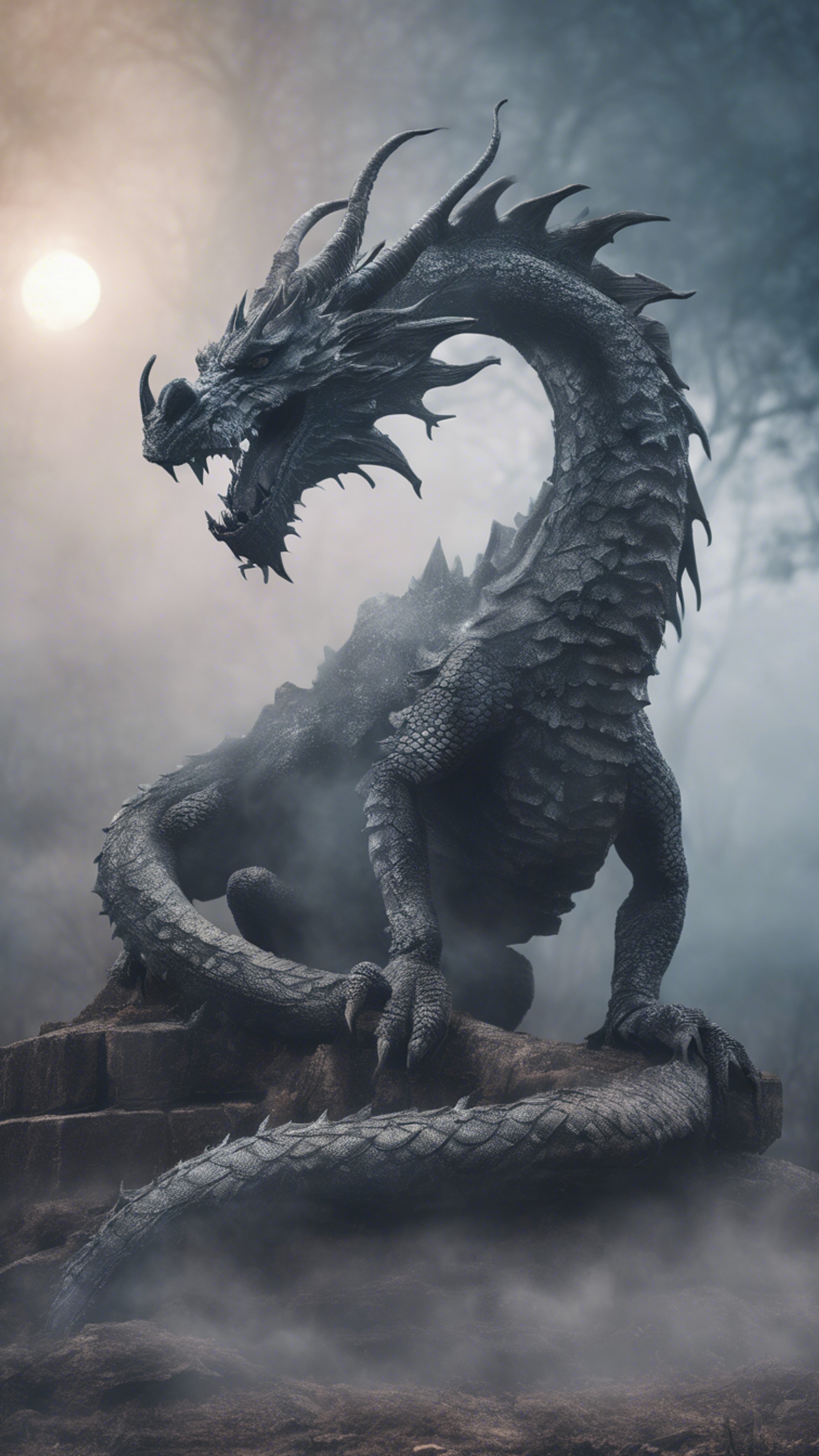 A ghostly dragon formed of fog and mist, haunting a desolate ruin in the moonlight. Divar kağızı[1e43576fbcb647599acd]