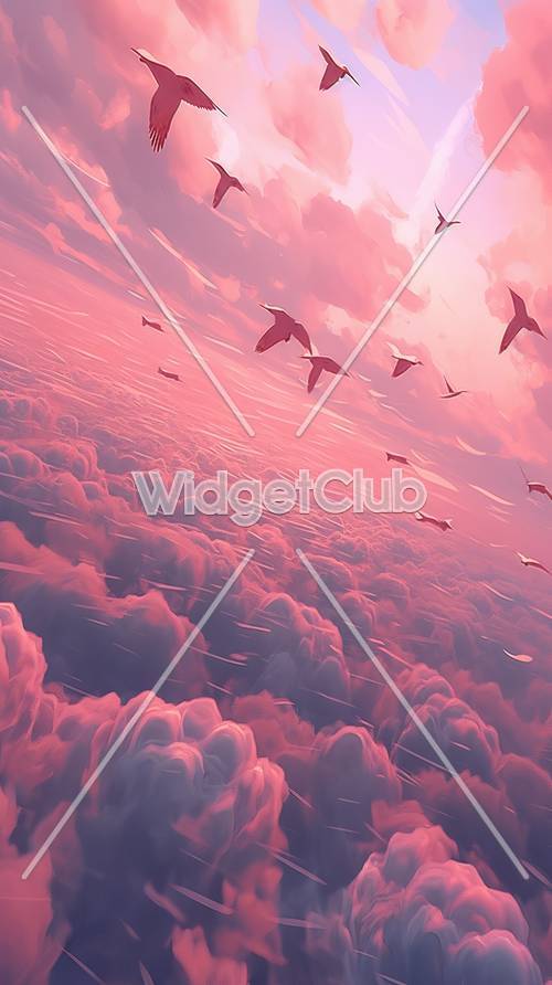 ピンクの空と飛ぶ鳥。美しい壁紙集合