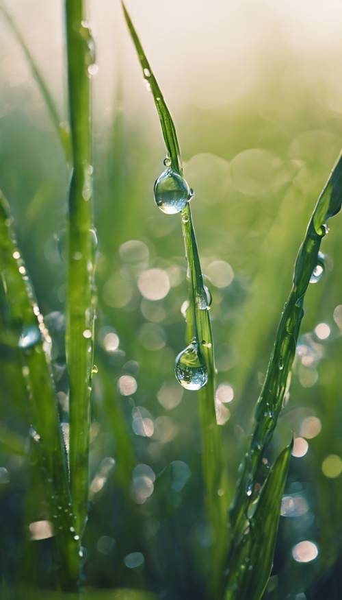 A closeup view of dew drops clinging to individual blades of freshly grown spring grass. Wallpaper [aca1120c860f440e987b]