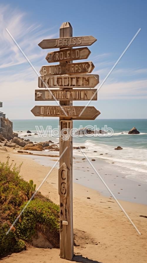 Beach Signpost Directions and Coastal View Wallpaper[def0f6f8d5804839ac06]