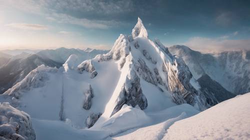 Auf einem herrlichen Berggipfel sind ästhetische Zitate in den gefrorenen Schnee geritzt.