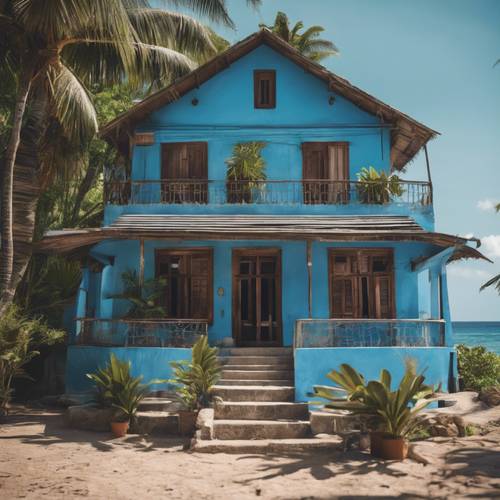 A charming rustic blue house in a tropical island village