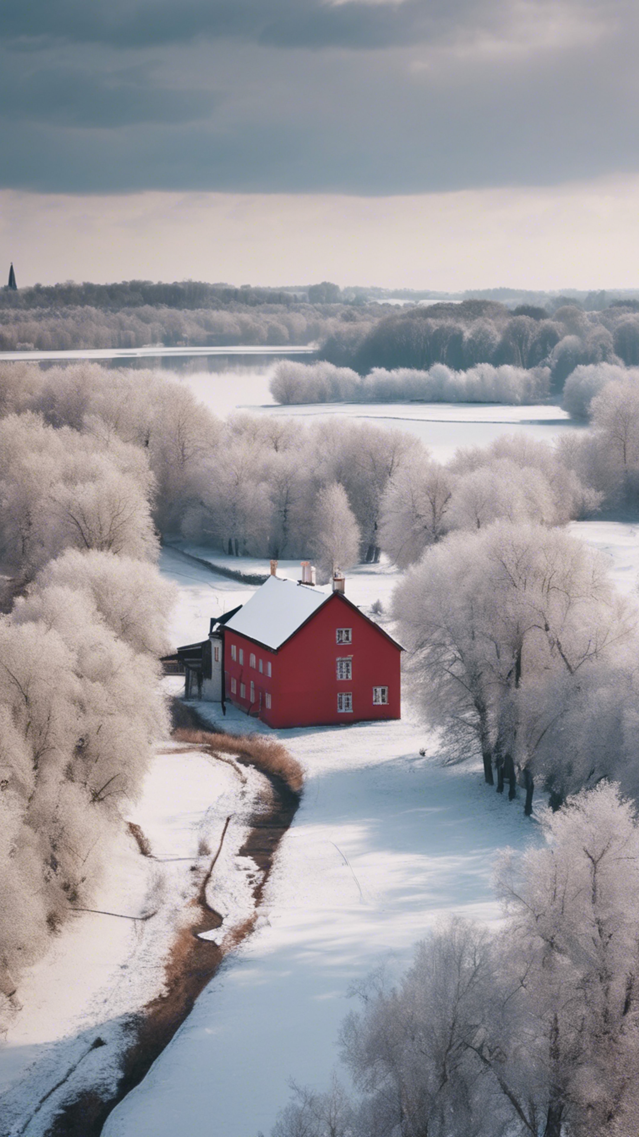 A snow-covered French country landscape with bare trees, a frozen river, and a small red-roofed house in the distance. Tapet[86a496d4055745a5962e]