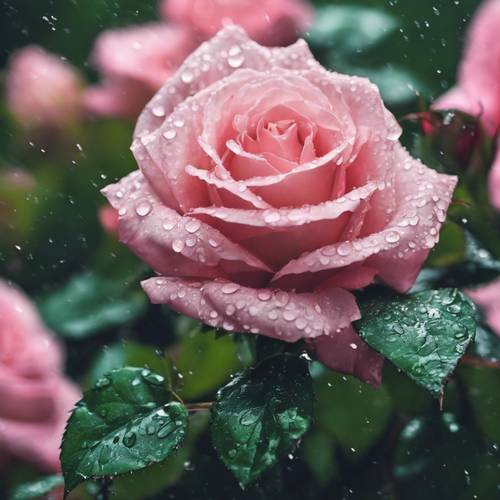 Hujan lembut turun di dedaunan hijau cerah dan mawar merah muda.