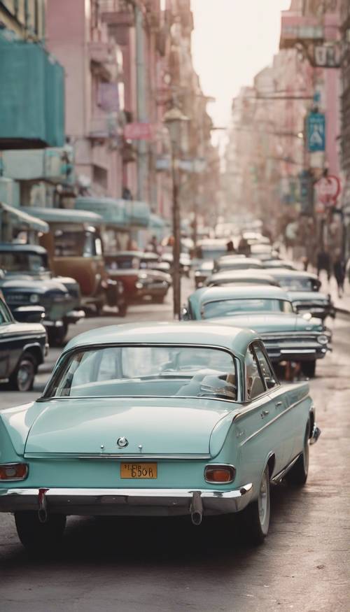 Una calle de la ciudad de los años 60 con coches de colores pastel aparcados a ambos lados.