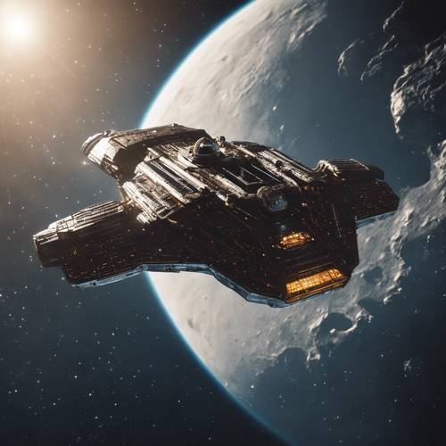 Una nave espacial de estética minimalista navegando por el cinturón de asteroides.