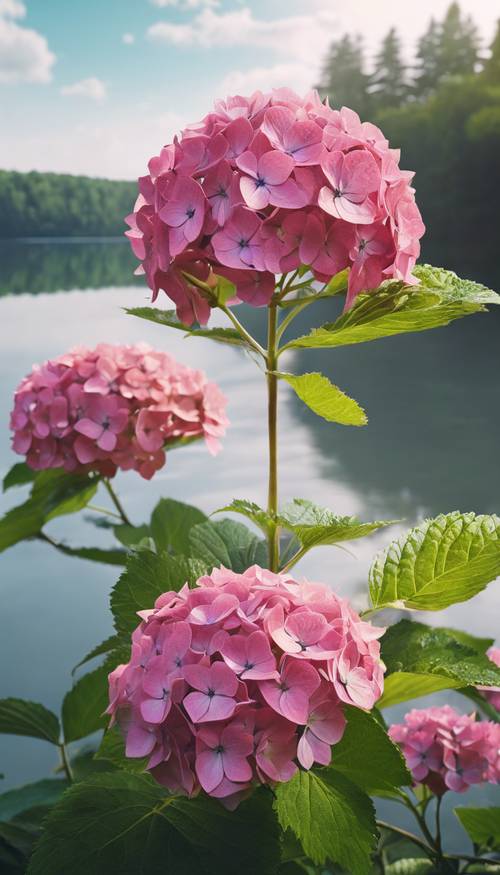 Une plante d&#39;hortensia rose vif poussant au bord d&#39;un lac serein.