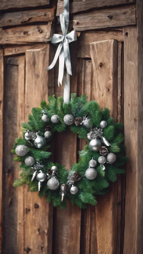 Karangan bunga Natal hijau yang dihiasi lonceng perak tergantung di pintu kayu pedesaan.