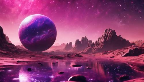 An alien planet basks in the glow of a pink and purple galaxy.