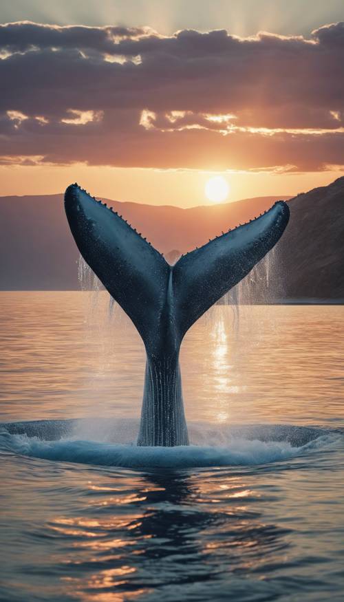 Seekor paus biru besar dengan anggun melengkungkan punggungnya ke dalam air saat matahari terbenam.