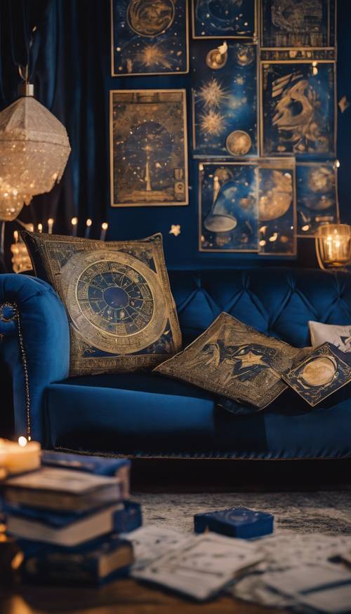 Una habitación lujosa y lujosa llena de arte con temas de astrología, almohadas de seda para cartas del tarot, un sofá de terciopelo azul medianoche y otra decoración mágica.