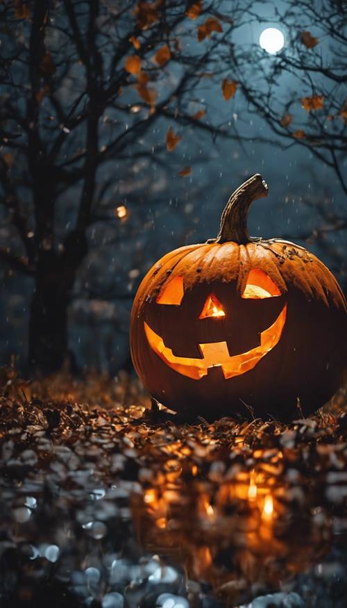 A spooky Halloween night with a large orange pumpkin glowing in the moonlight Tapet [3ecd57831a8e4ea68f7e]
