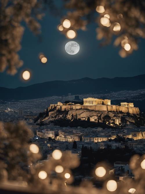 The picturesque Athens skyline dominated by the ancient Acropolis bathed in the moonlight.