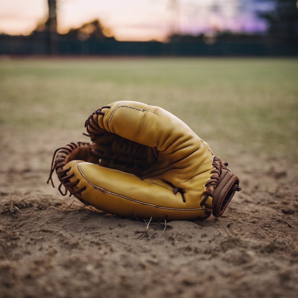A vintage yellow baseball mitt left on a playfield during twilight. Behang[dddd7a6a55e84a67beb3]